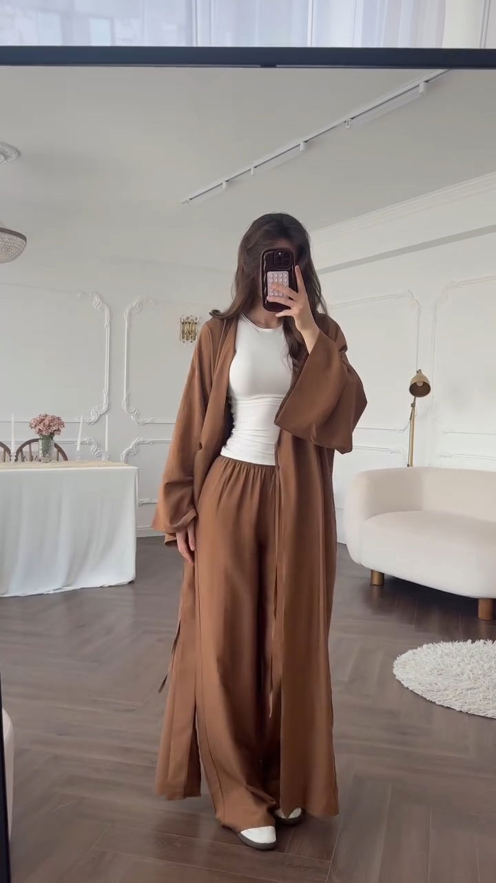 ensemble kimono long pantalon en crepe froissé - صورة 2